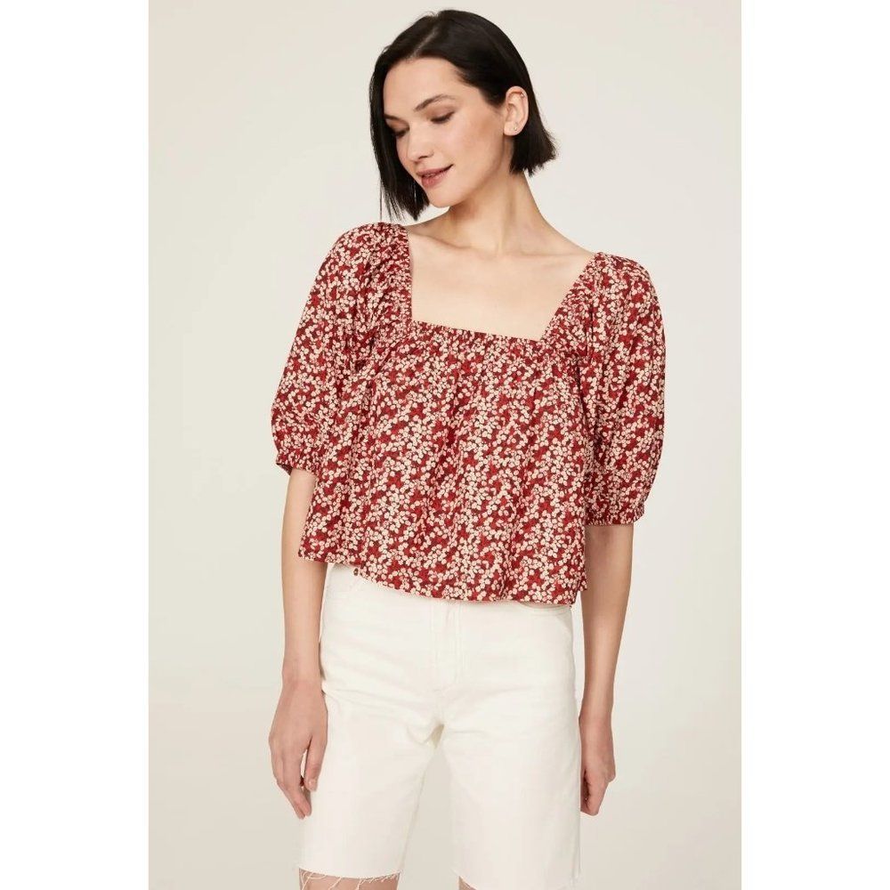NEW Apiece Apart Red Floral Print Gali Shirred Top Size S